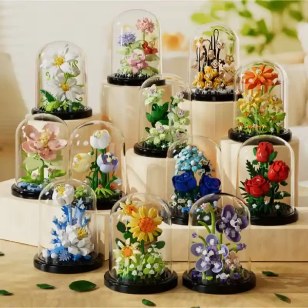 A set of twelve different build blocks flowers in their each terrariums from Snow Aurora's Flowers in Terrarium Collection.