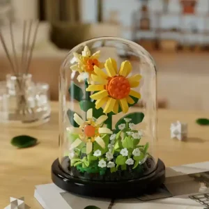 A sunflower made from building blocks in a domed terrarium.