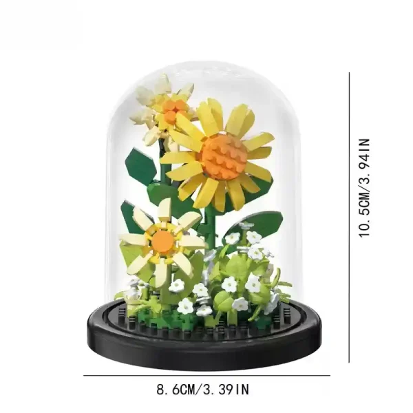 A sunflower made from building blocks in a domed terrarium.
