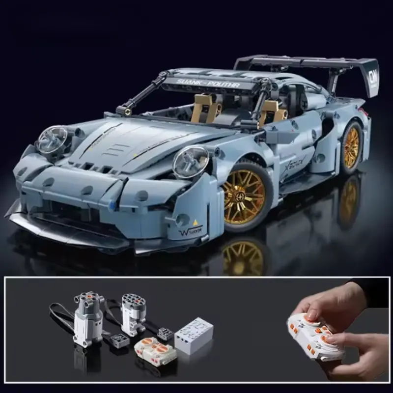 Close-up of the Blue Grey Remote Control Racing Super Car 1:14 Building Blocks - 1200+ Pieces building blocks set