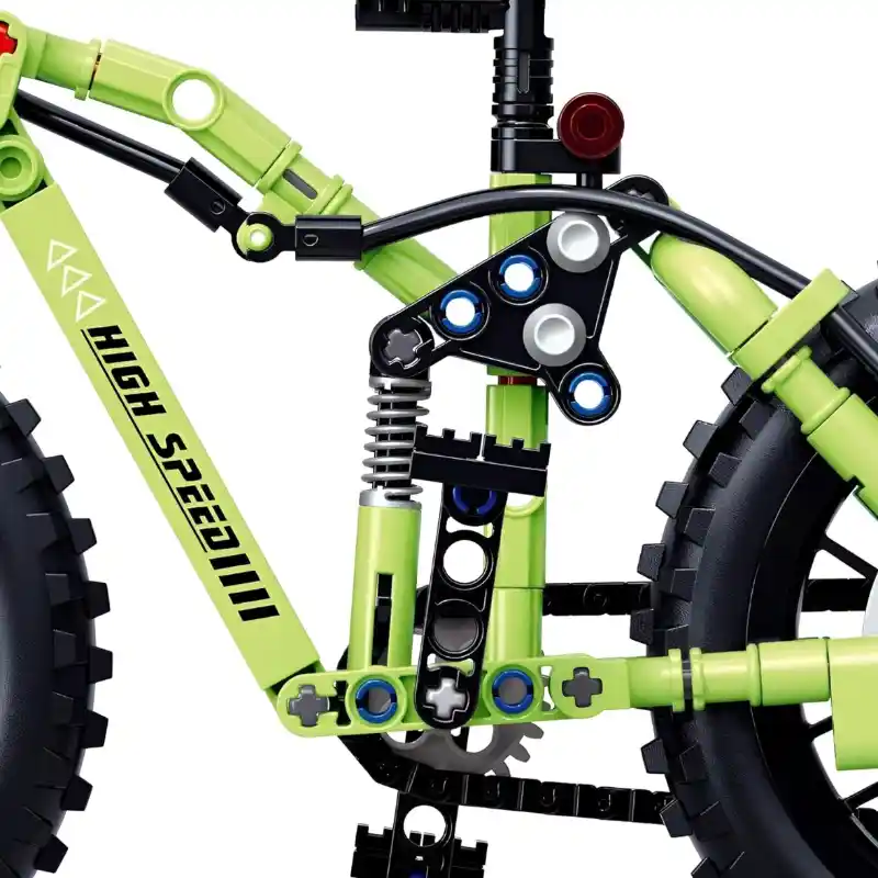 Close-up of the Green Mountain Bike building blocks set