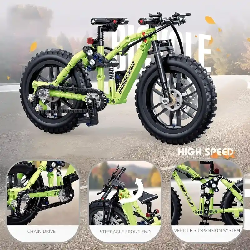 Close-up of the Green Mountain Bike building blocks set