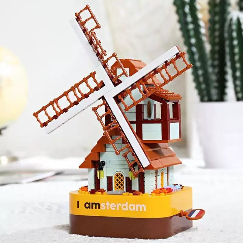 I Am Amsterdam Windmill Music Box building blocks set styled as a display