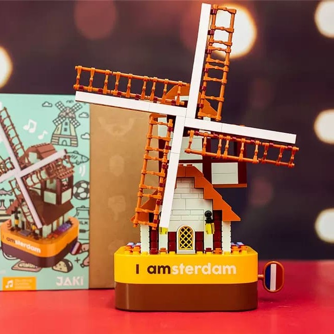 I Am Amsterdam Windmill Music Box building blocks set styled as a display