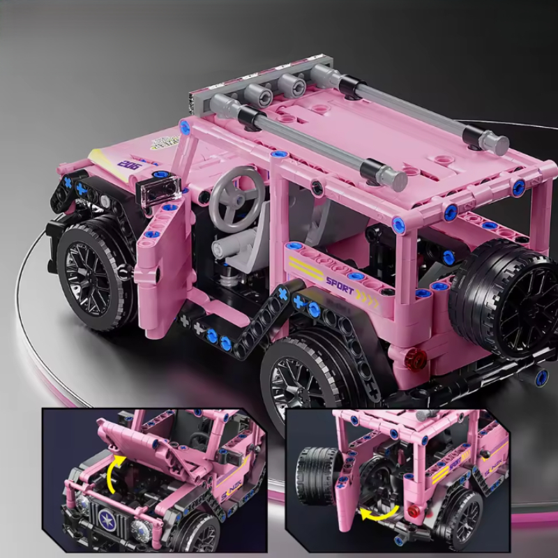 Close-up of the Pink Pull-back Off-road Car 1:18 building blocks set