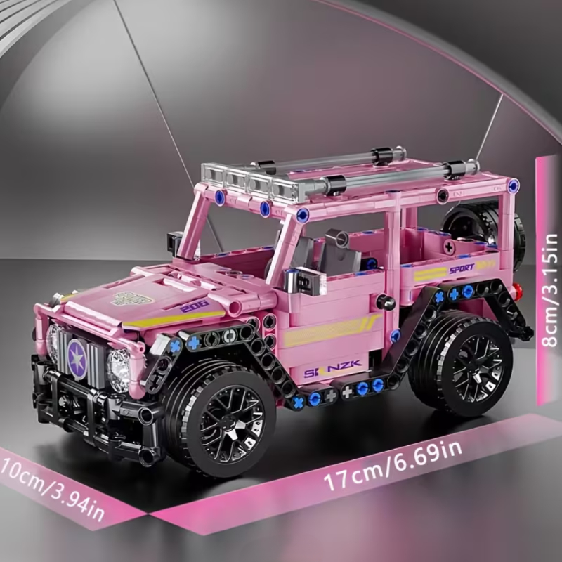 Pink Pull-back Off-road Car 1:18 building blocks set styled as a display