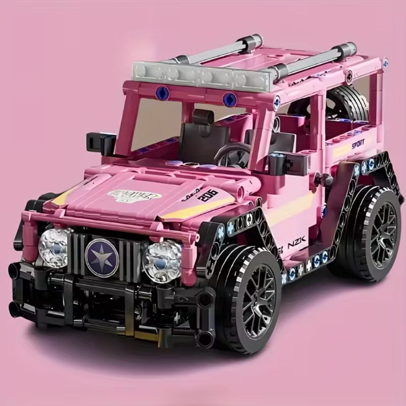 Pink Pull-back Off-road Car 1:18 building blocks set styled as a display