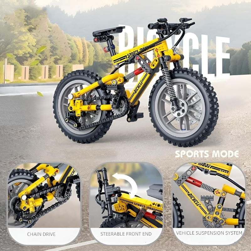 Close-up of the Yellow Mountain Bike building blocks set