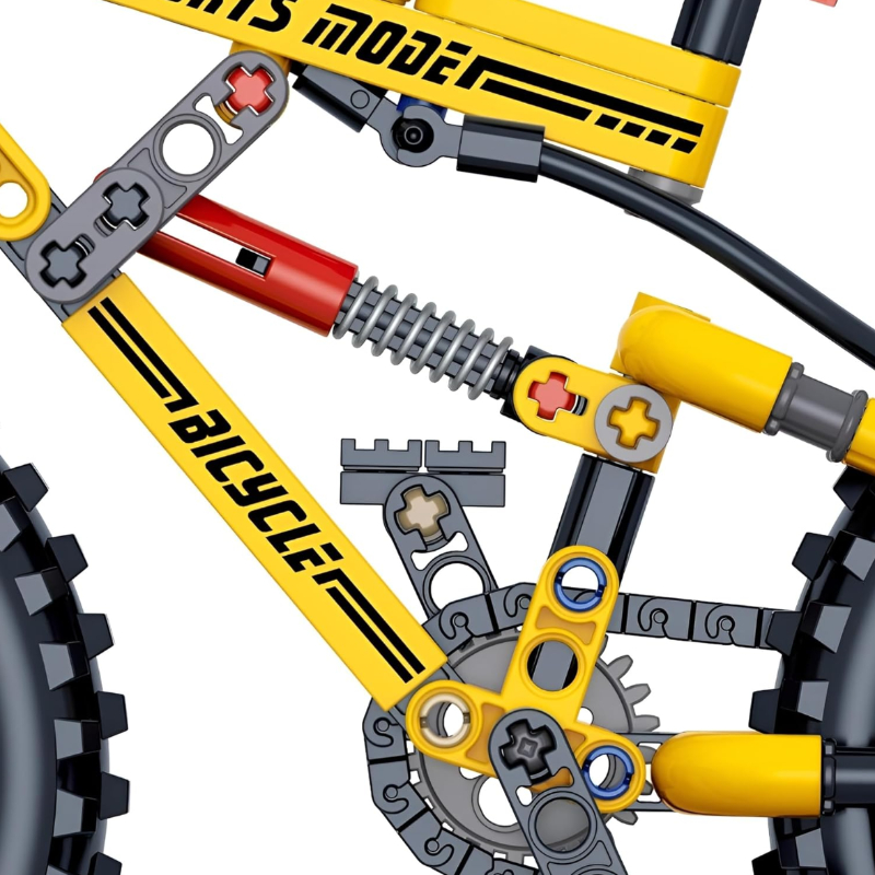 Close-up of the Yellow Mountain Bike building blocks set