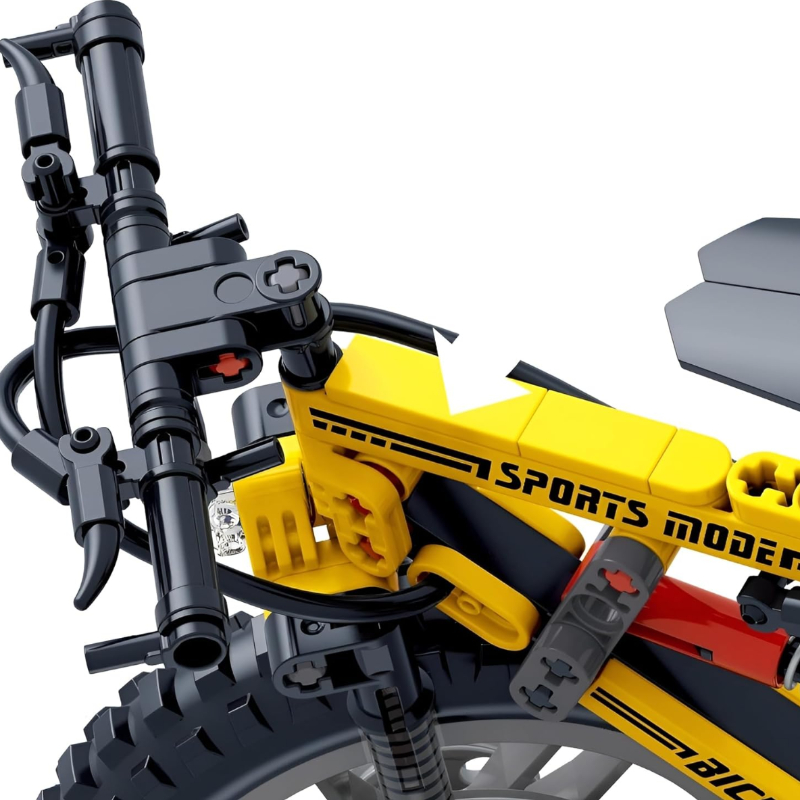 Close-up of the Yellow Mountain Bike building blocks set