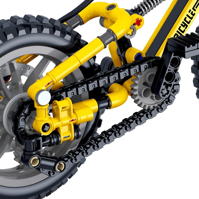 Close-up of the Yellow Mountain Bike building blocks set