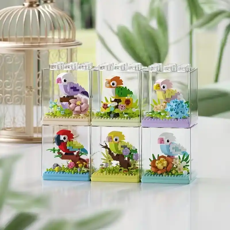 Building Blocks of six tropical parrots in a transparent box.